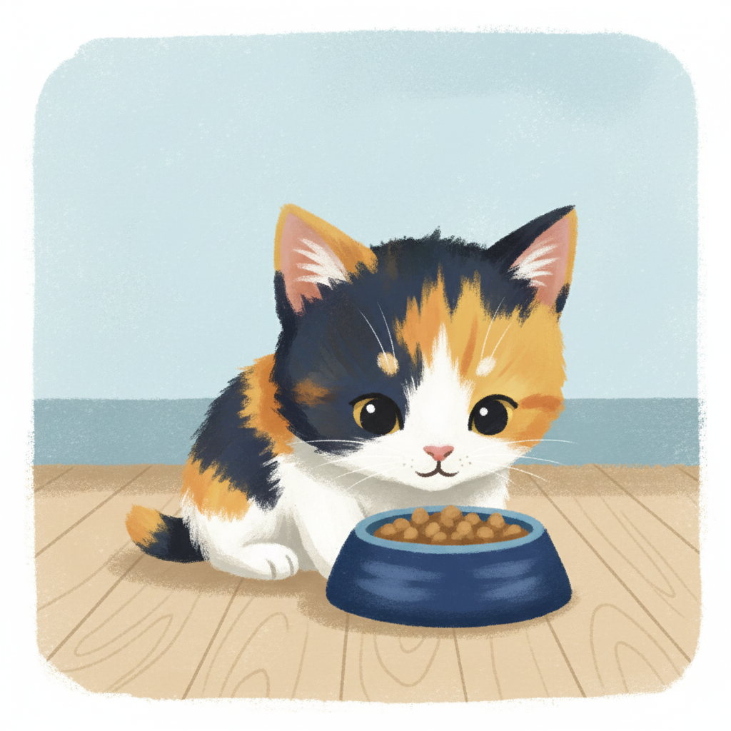 Illustration of a kitten eating from its food bowl